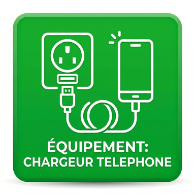 possibilité de recharger son mobile Chargeur de téléphone avec prise et câble sur un fond vert.