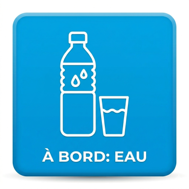 une bouteille d'eau pour chaque passager Bouteille d'eau et verre avec inscription "À bord : eau".