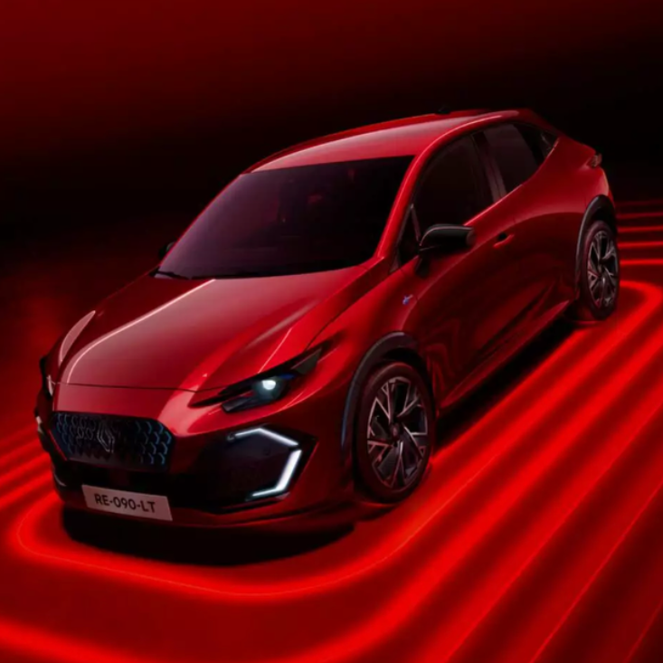 Renault Clio VI esprit Alpine utilisé pour vous conduire partout Voiture rouge sportive sur fond rouge avec des lignes lumineuses.