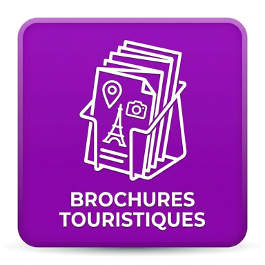 brochures touristiques en consultation Icône représentant des brochures touristiques avec une vue d'une tour et des points d'intérêt.