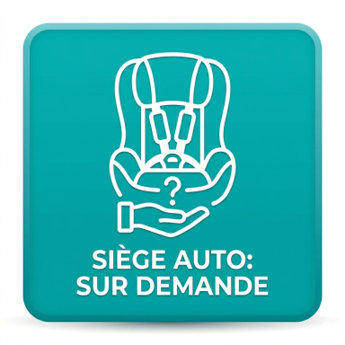 siège enfant sur réservation Siège auto proposé sur demande, avec une main tenant un point d'interrogation.